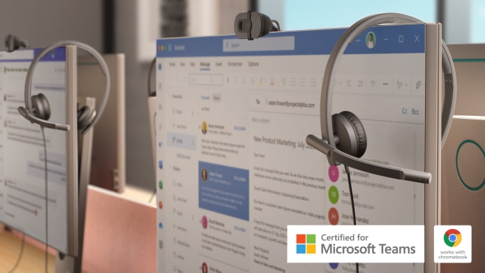 Thumbnail shows H570e Headset plced on a desktop with certification logo's